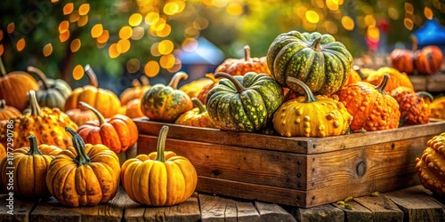 Autumn's surreal harvest: a farm market box brimming with strangely beautiful, warty pumpkins.