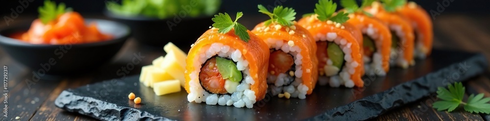 Sushi rolls on black stone slab with side dish, restaurant, cheese Sushi rolls on black stone slab with side dish, restaurant, cheese