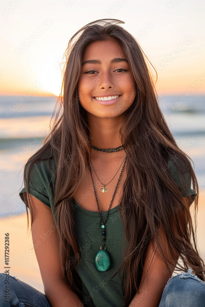 Asian young woman smiling, sitting on camping chair, sunset beach backdrop visible Asian young woman smiling, sitting on camping chair, sunset beach backdrop visible