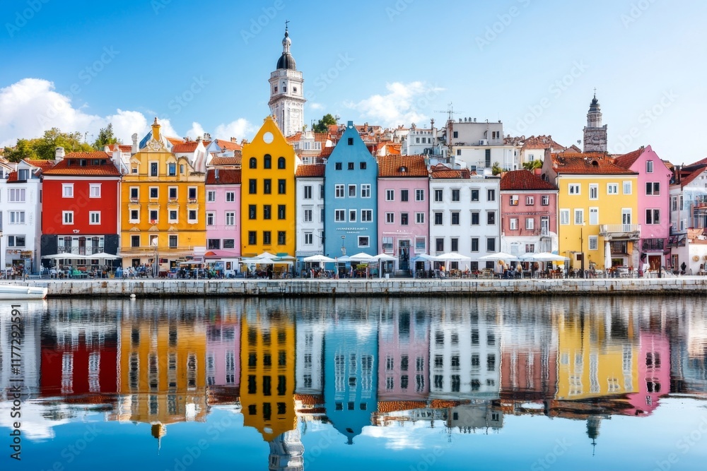 The historic cityscape of Rijeka, with its bustling harbor and colorful buildings by the sea The historic cityscape of Rijeka, with its bustling harbor and colorful buildings by the sea