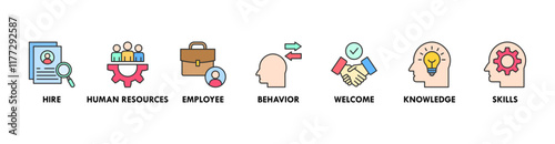 Onboarding banner web icon vector illustration concept for human resources business industry to introduce newly hired employee into an organization with behavior, welcome, knowledge, and skills icon
