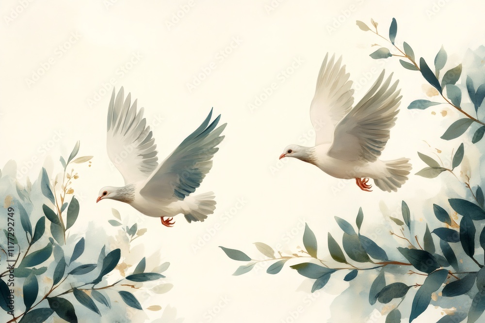 Obraz premium Two white doves flying between green watercolor leaves painting