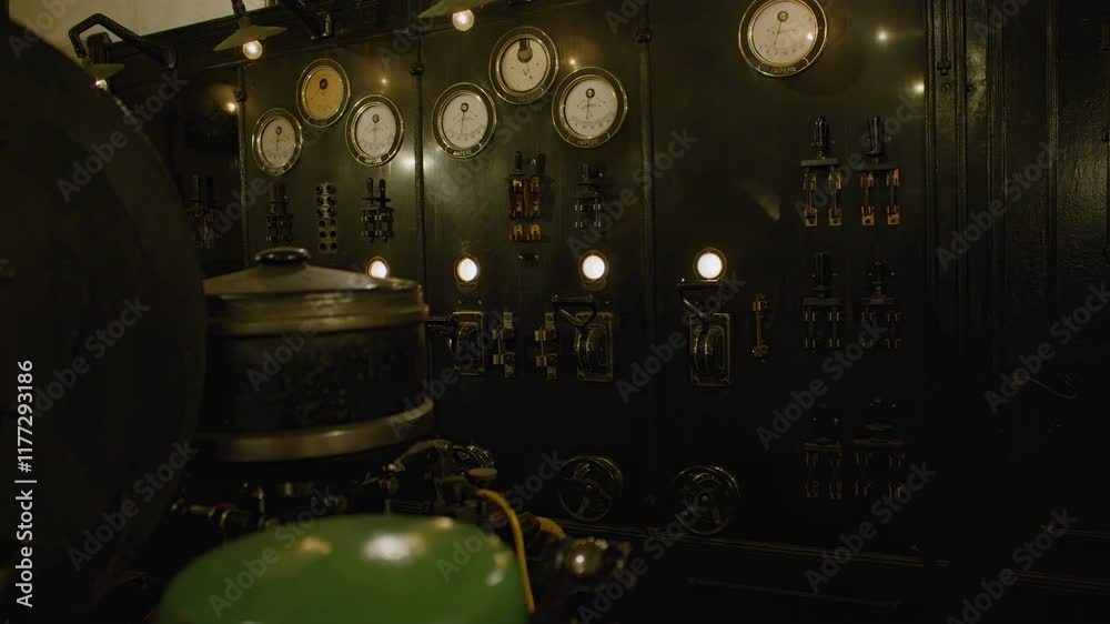 Overview of an old, industrial control panel with a variety of gauges, switches, and dials. Industrial  elements in the interior of Fort de Mutzig fortress, now a museum.
