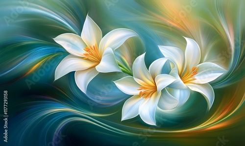 Two white lilies swirl in teal, orange abstract background.