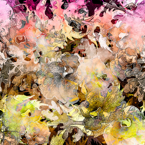 seamless watercolor background with spring leaves, flowers. Beautiful watercolor pattern of oak leaves, tree mushrooms, wild flowers. Trendy art background, paint splash. Whirlwind, autumn wind. sea