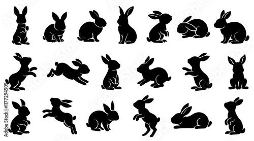 Set of rabbits silhouette in different poses. Hand drawn black silhouettes of easter bunnies isolated on white background. Vector illustration of decorative elements for design decor.
