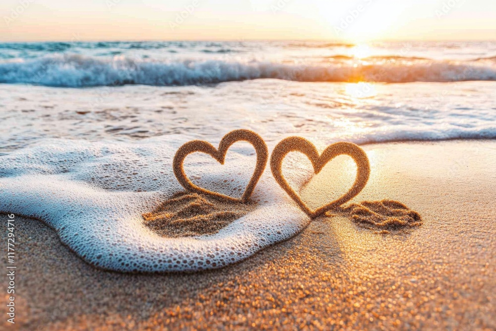 Two intertwined hearts drawn in the sand on a beach, with soft waves gently approaching them under a golden sunset Two intertwined hearts drawn in the sand on a beach, with soft waves gently approaching them under a golden sunset