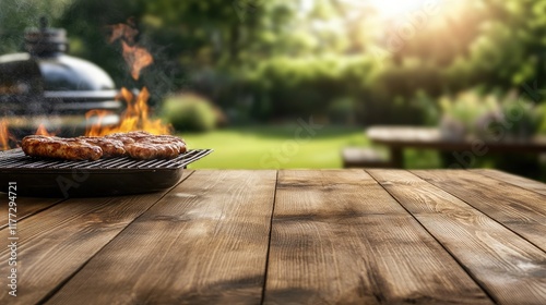 Flames rise from a barbecue grill placed on a rustic wooden table in an outdoor setting, ready for a cooking adventure with friends