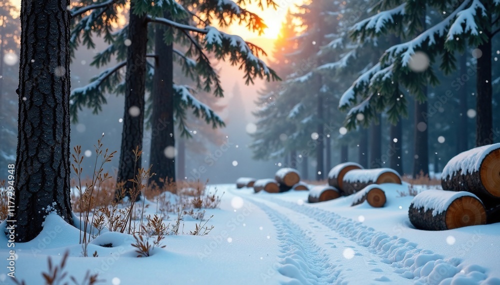 Fototapeta premium Snowflakes gently fall on a serene forest scene with fallen trees and sawn wood piles in the background, tranquility, silence