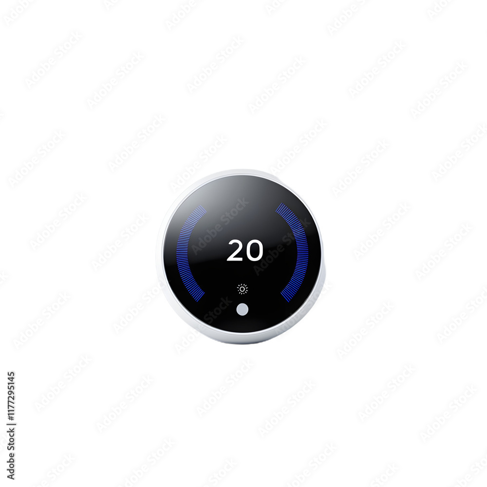 Smart home thermostat with sleek design and modern features, set against a clean white background, ideal for showcasing innovative home automation technology, energy efficiency, and smart living solut Smart home thermostat with sleek design and modern features, set against a clean white background, ideal for showcasing innovative home automation technology, energy efficiency, and smart living solut