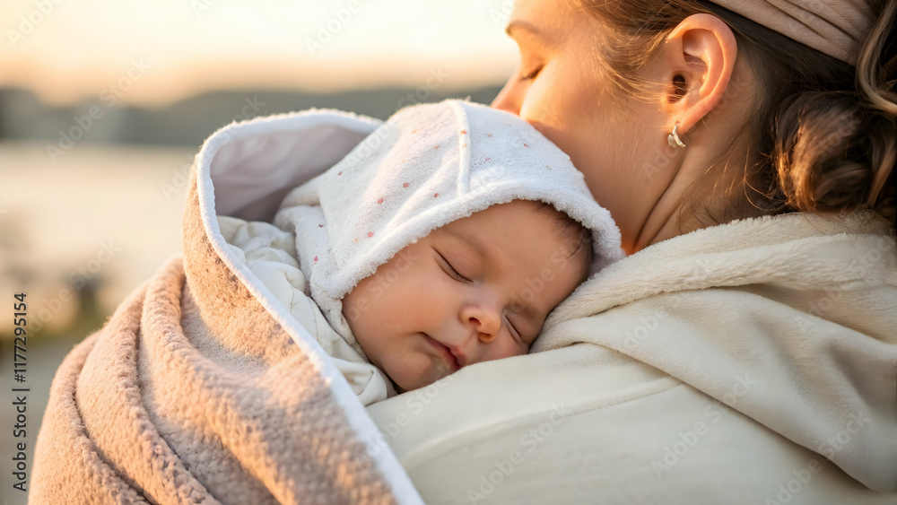 Mother Holding Sleeping Baby in Soft Blanket at Sunset by Water Mother Holding Sleeping Baby in Soft Blanket at Sunset by Water