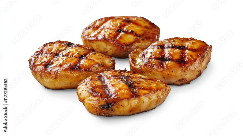 four pieces of grilled chicken breasts on a white background four pieces of grilled chicken breasts on a white background