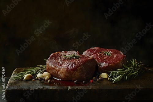 Raw venison steaks on a wooden board.  photo