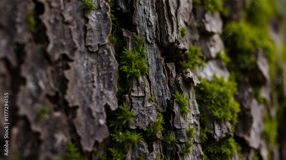 Tree bark close-up showing rough texture and moss. Generative AI Tree bark close-up showing rough texture and moss. Generative AI