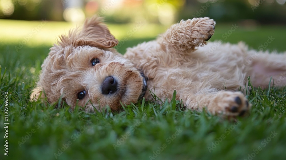 A playful puppy lies on green grass, enjoying a sunny day outdoors. A playful puppy lies on green grass, enjoying a sunny day outdoors.