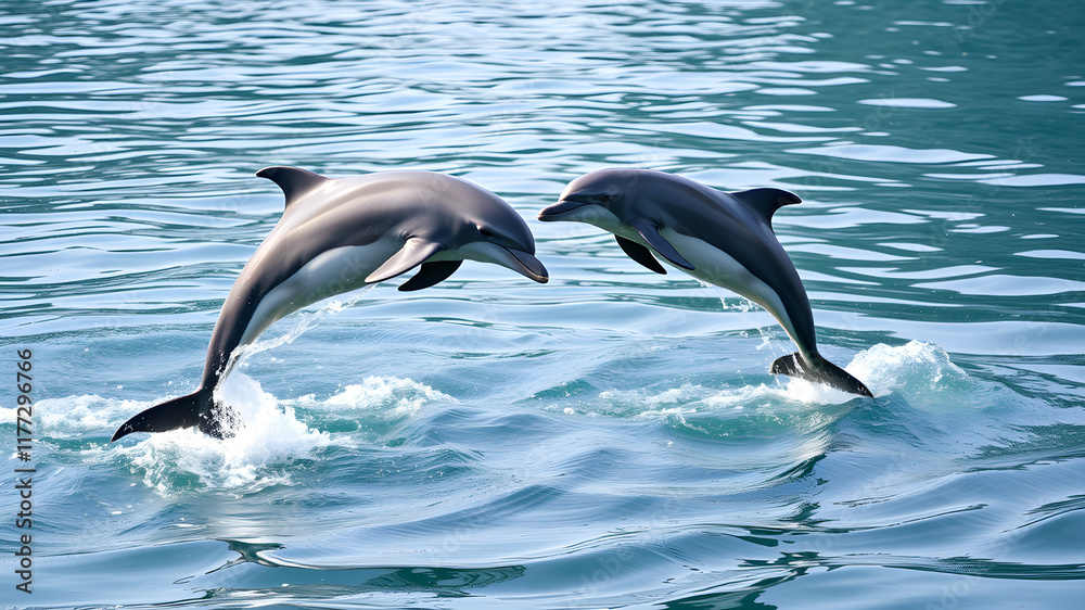 Obraz premium two graceful dolphins leaping out of the water. The dolphins are facing each other and are forming the shape of a heart, Generative AI