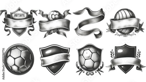 Vintage ribbon banners, hand drawn setsilhouette kettelebel . Sports emblems set photo