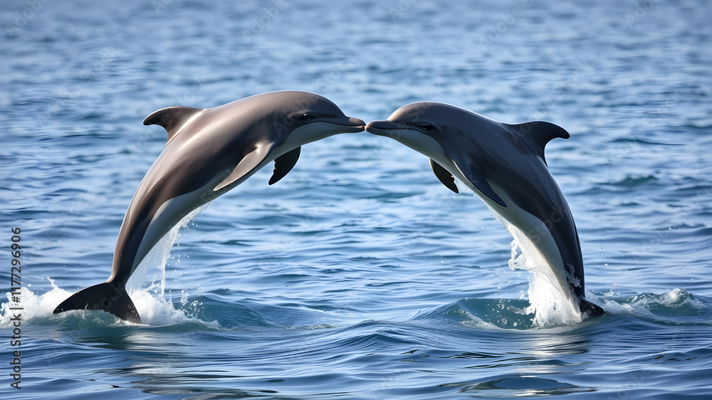 Obraz premium two graceful dolphins leaping out of the water. The dolphins are facing each other and are forming the shape of a heart, Generative AI