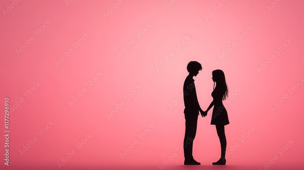 Romantic Couple Silhouette Against Pink Background Young Love Holding Hands Romantic Couple Silhouette Against Pink Background Young Love Holding Hands