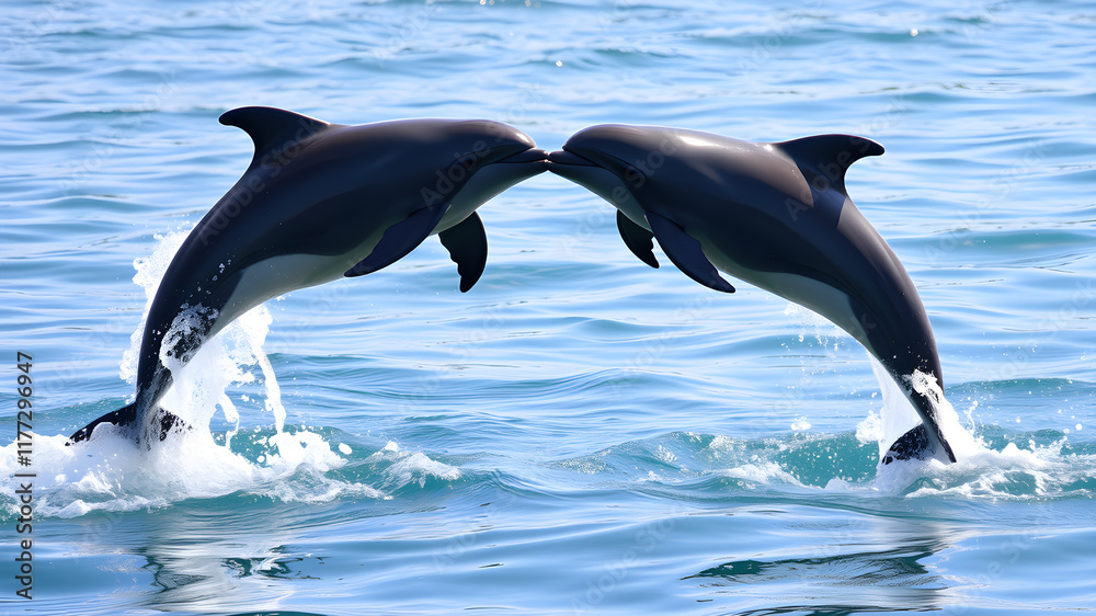 Fototapeta premium two graceful dolphins leaping out of the water. The dolphins are facing each other and are forming the shape of a heart, Generative AI
