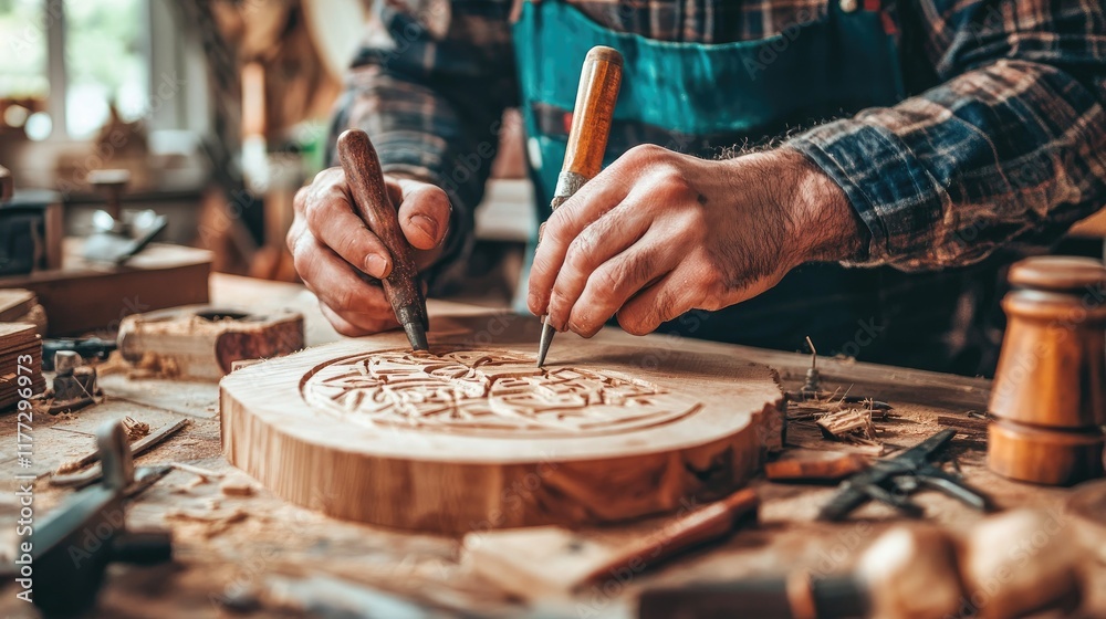 Obraz premium Focused craftsmanship as a pair of skilled hands carve patterns into a wooden block on a cluttered workbench.