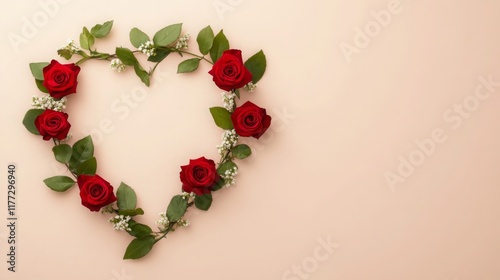 Romantic Red Roses Arranged in Heart Shape on Peach Background Valentine s Day Floral Design