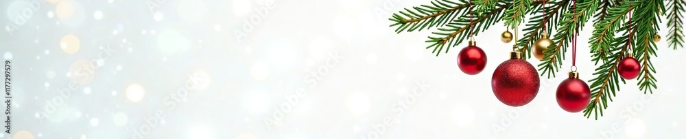 Obraz premium Red and gold balls suspended from a spruce branch on a white background with mistletoe hanging nearby, colorful ornaments, whimsical charm