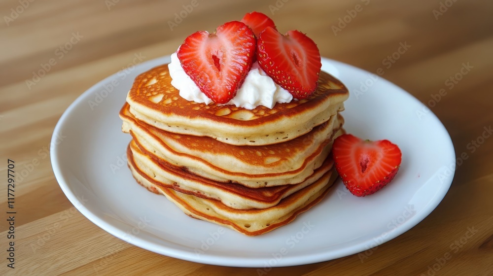 Delicious Buttermilk Pancakes Stack with Fresh Strawberries and Whipped Cream Delicious Buttermilk Pancakes Stack with Fresh Strawberries and Whipped Cream