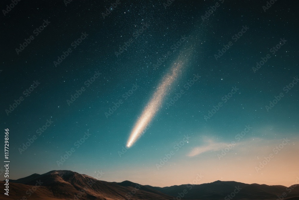 A brilliant comet with a glowing tail soars through a darkening sky, illuminating the cosmic landscape. Mountains stand beneath a vast expanse dotted with stars, creating a breathtaking spectacle A brilliant comet with a glowing tail soars through a darkening sky, illuminating the cosmic landscape. Mountains stand beneath a vast expanse dotted with stars, creating a breathtaking spectacle