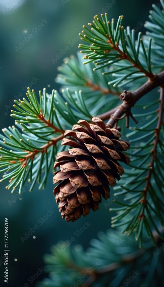 Fototapeta premium Pinecone branch with soft mossy green leaves and blue-gray twinkling lights, earthy, winter