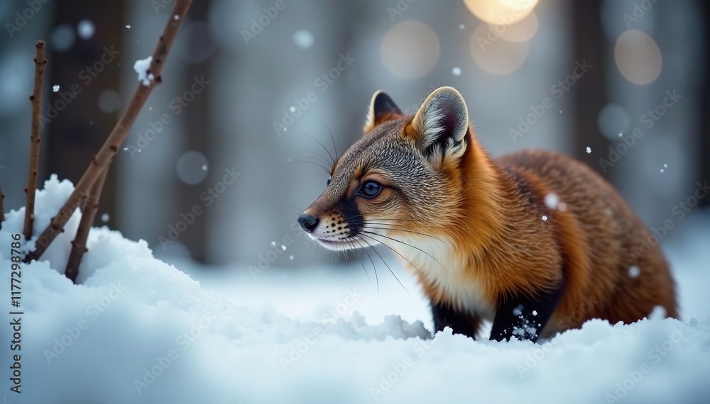 Obraz premium Pine marten's nose sniffing the air in the snowy forest, woodland, sniff