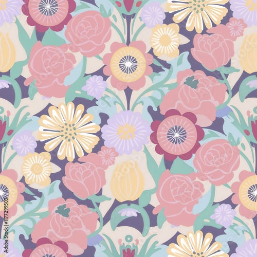 Wallpaper Mural Vibrant floral pattern featuring roses and daisies in pastel colors against a dark backdrop, ideal for textiles and wallpapers
 Torontodigital.ca