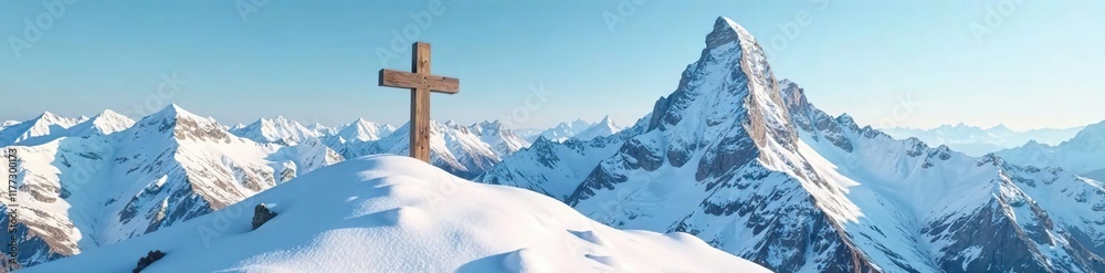 Fototapeta premium Mountain peak covered in snow with a small wooden cross, peaceful, winter