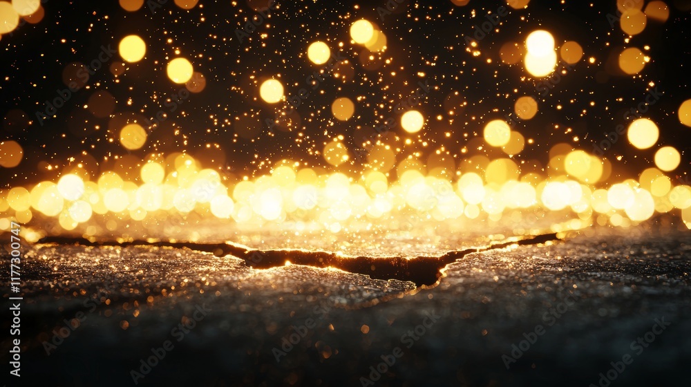 Naklejka premium A striking juxtaposition of gold bokeh lights hovering above a cracked, weathered grunge wall, merging decay with luxurious warmth, captivating contrast