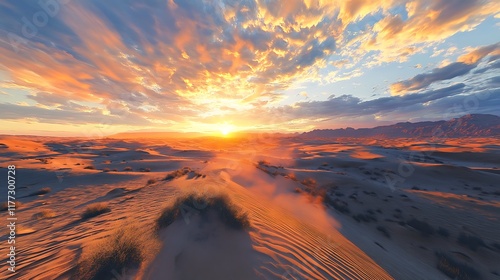 Sunset over sand dunes in the desert