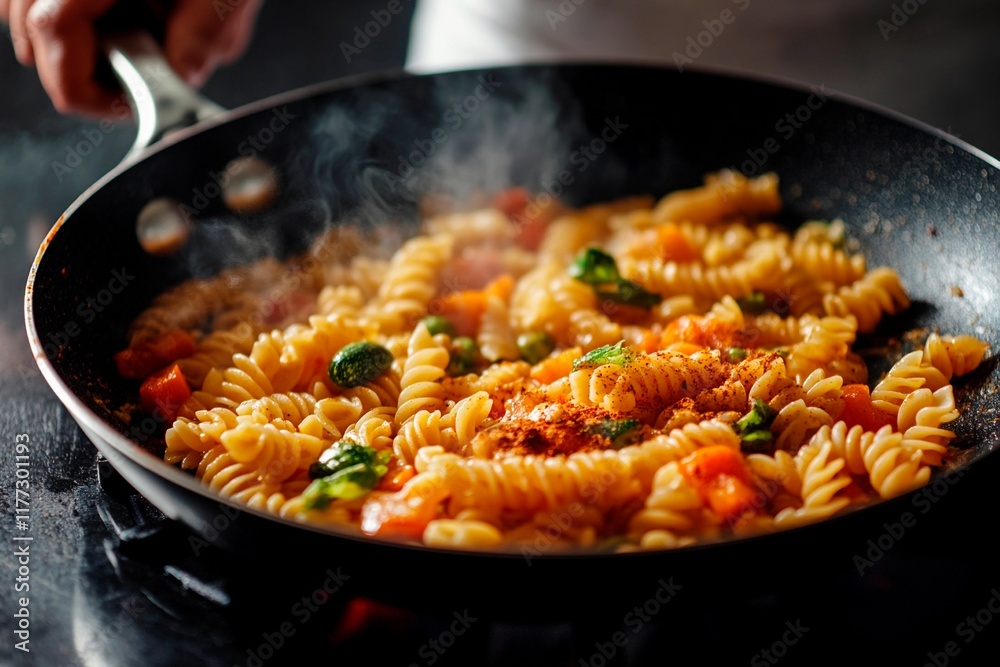 Spiraling pasta dance in a sizzling pan with vibrant vegetable medley during evening cooking Spiraling pasta dance in a sizzling pan with vibrant vegetable medley during evening cooking