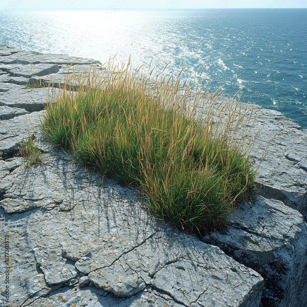 Seagrass thrives on rocky cliff edge overlooking sunny ocean horizon