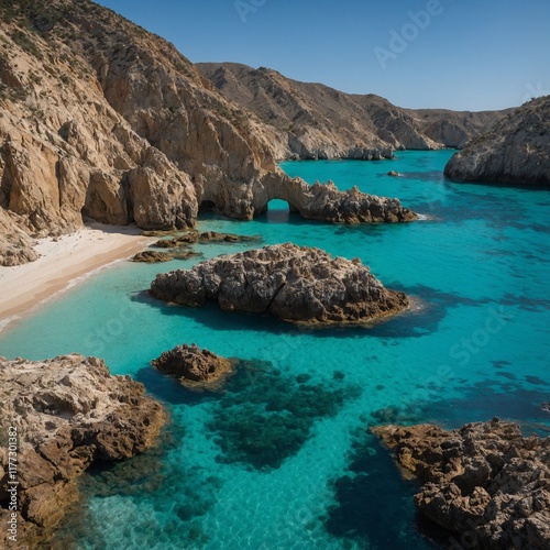 A hidden cove with turquoise waters, surrounded by jagged rock formations.