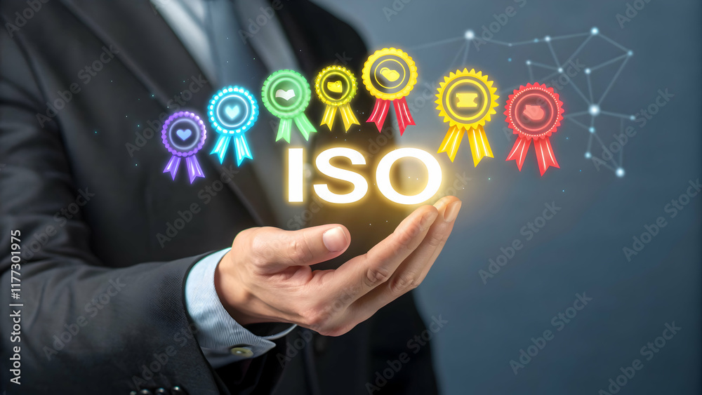 Hand Holding Iso Quality Certificates With Colorful Awards