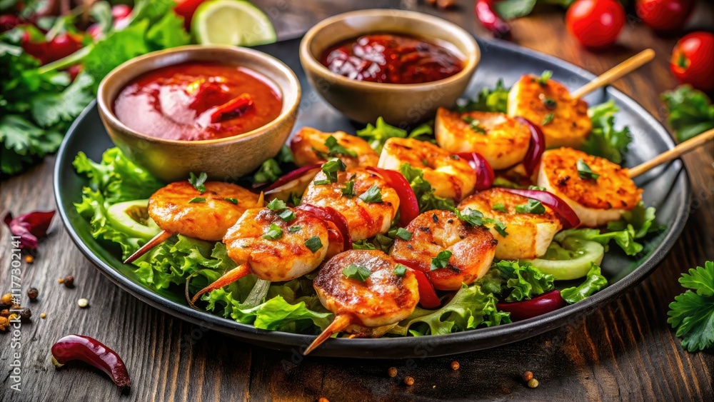 Flavorful grilled shrimp skewers: spicy dipping sauce complements a refreshing mixed greens salad. Photography included. Flavorful grilled shrimp skewers: spicy dipping sauce complements a refreshing mixed greens salad. Photography included.