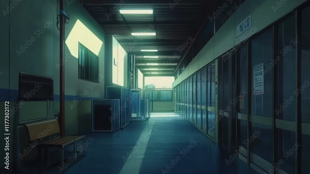 Obraz premium A quiet corridor in a building, illuminated by soft light, evoking a sense of calm.