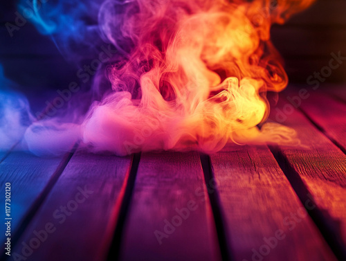 Abstract Colorful Smoke on a Wooden Surface with Vibrant Hues photo