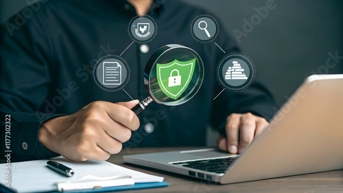 Businessman Analyzing Digital Security Concepts with Magnifying Glass
