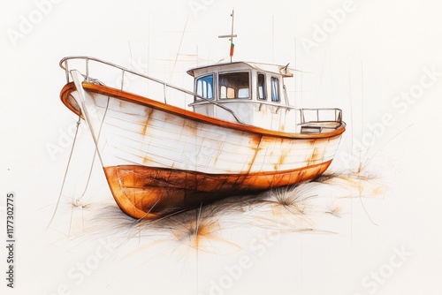 A clean outline of an old Emirati dhow boat with subtle waves beneath it on a pale beige canvas