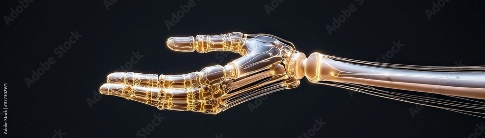 Naklejka premium Transparent robotic hand reaching out with intricate mechanical details against a dark background