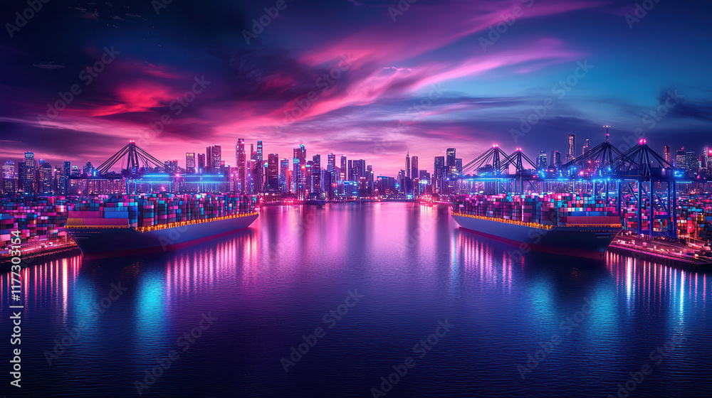 Fototapeta premium Futuristic cargo flow monitoring system with vibrant city skyline at dusk