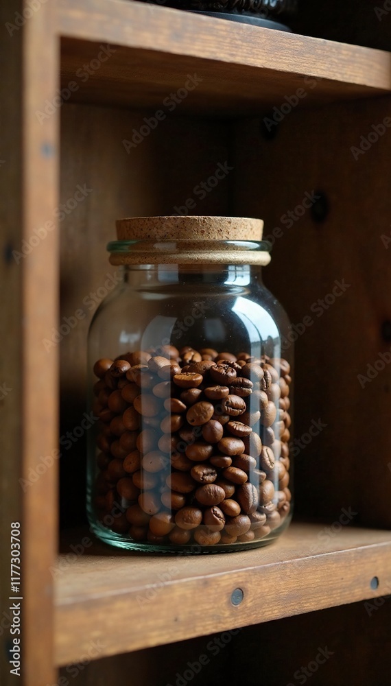 Glass jar filled with roasted coffee beans on a wooden shelf, natural, shelf Glass jar filled with roasted coffee beans on a wooden shelf, natural, shelf