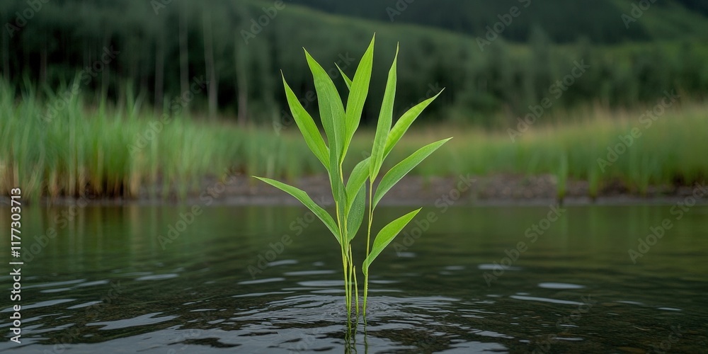 Obraz premium Fresh Green Plant Emerges from Calm Water Surface in Lush Natural Setting Surrounded by Nature