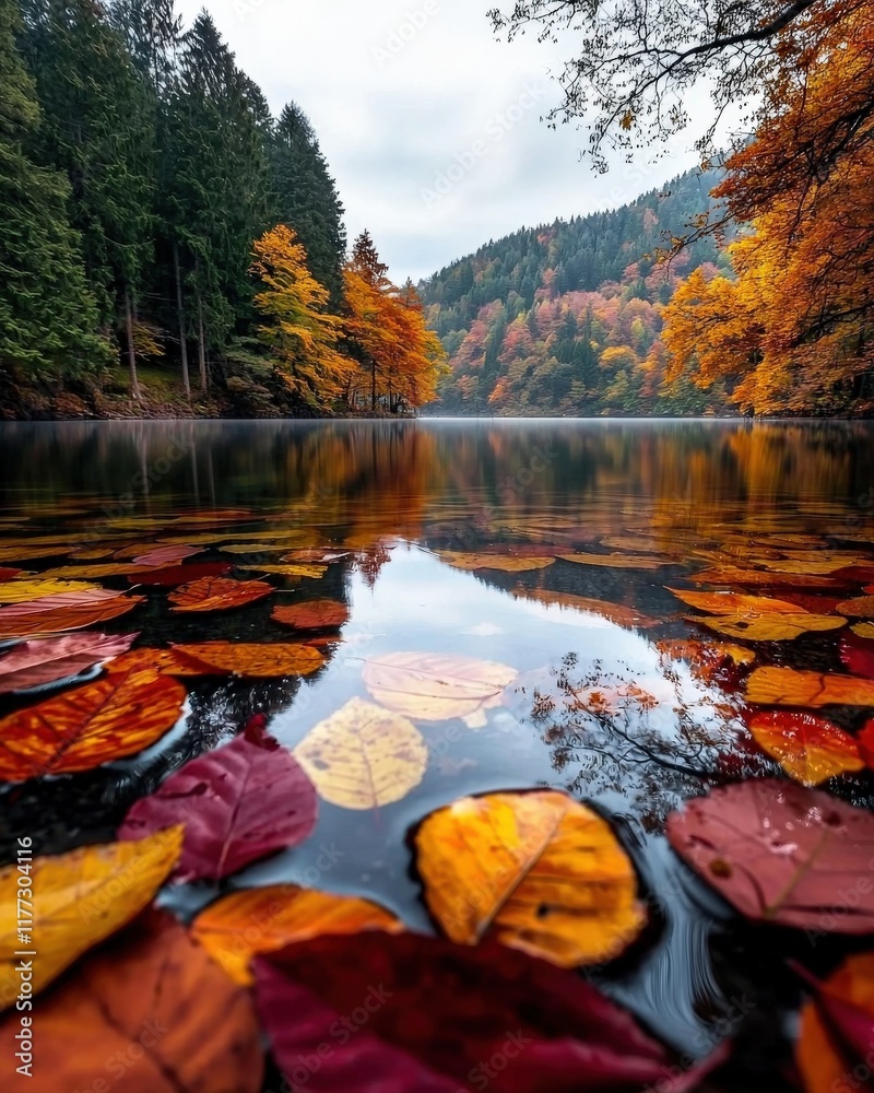 Obraz premium A tranquil lake framed by autumn trees, with colorful leaves floating on the water's surface