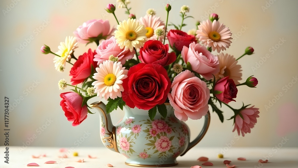 Obraz premium A vibrant bouquet of flowers arranged in a vintage teapot